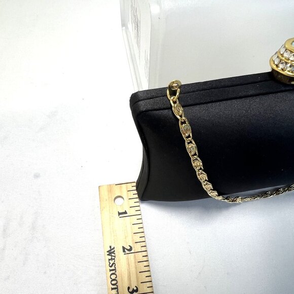 Rhinestone Clasp Classic Preppy Black Satin Clutch Purse Gold X Body Chain Strap - Picture 8 of 12